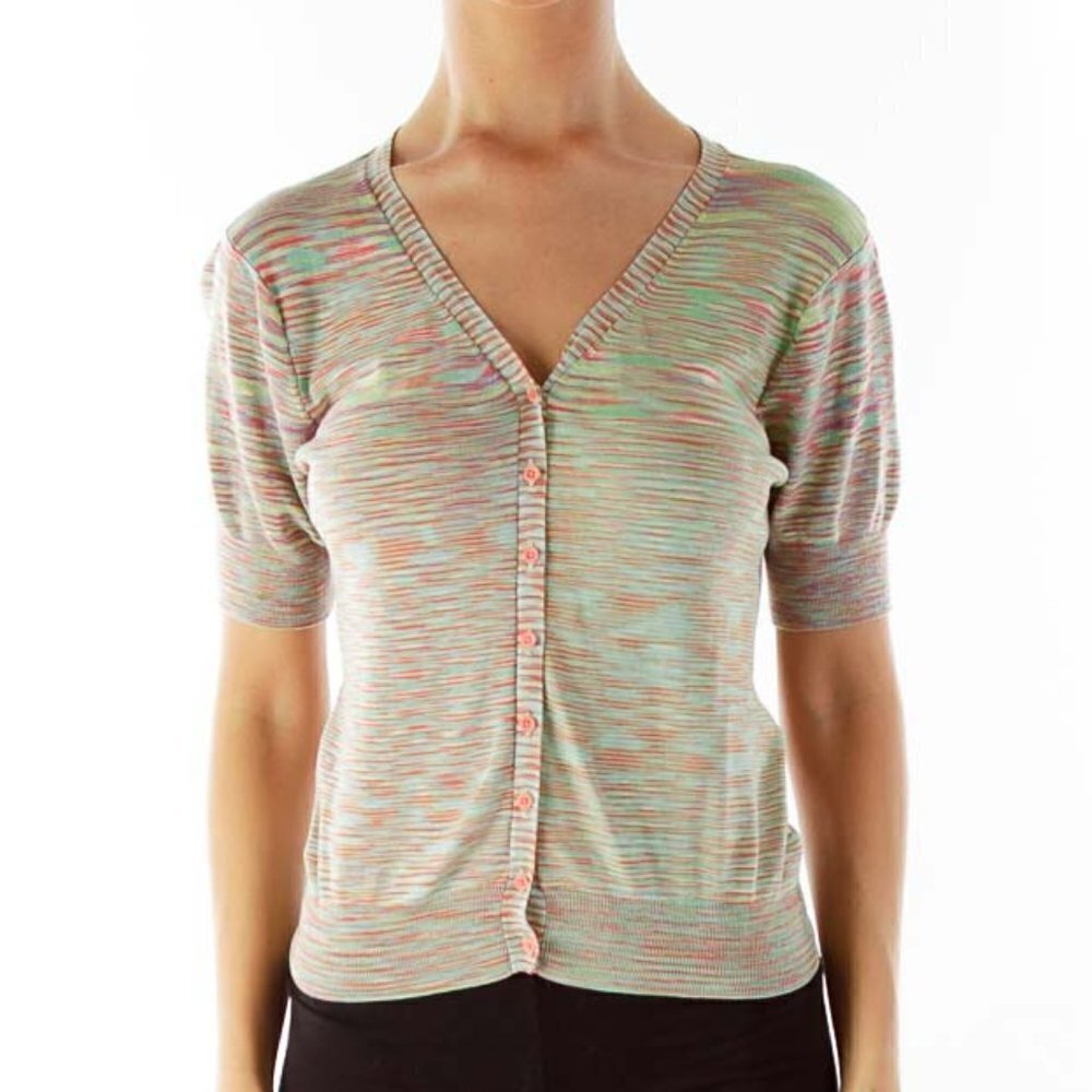DKNY Green Striped Short Sleeve Cardigan
